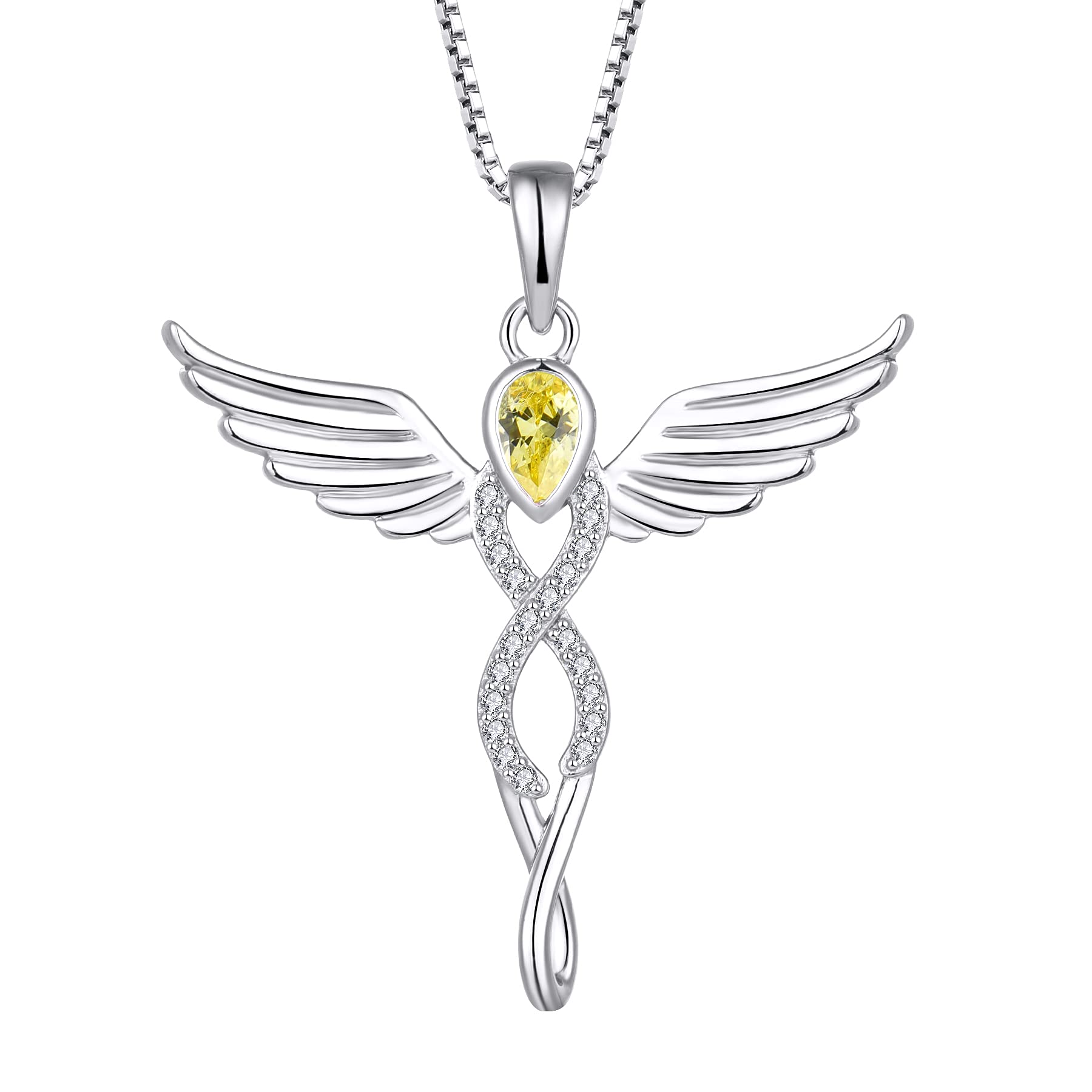 FJ Guardian Angel Necklace 925 Sterling Silver Infinity Angel Wings Pendant Citrine Necklace November Birthstone Jewellery for Women