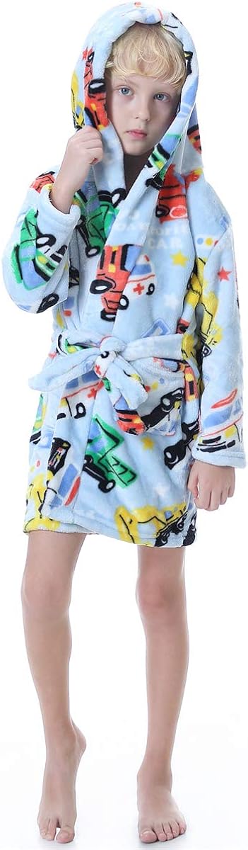 Betusline Boys Soft Fleece Hooded Bathrobe Robe, 12 Months - 12 Years: Clothing