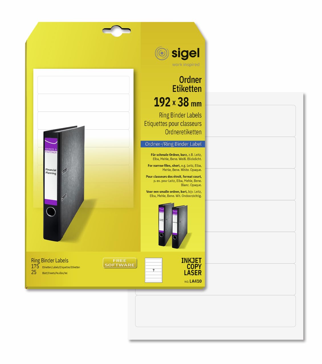 SIGEL LA410 Ring Binder Labels, 19.2 x 3.8 cm, 175 lbl equal to 25 sheets, opaque, White