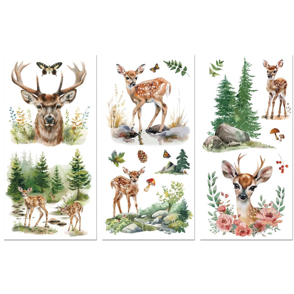 Peacoblue Rub on Transfer Decals for Furniture Crafts Forest Deer 6"x12", 3Pcs Waterproof UV DTF Transfer Decals Sticker for Farmhouse Dresser Glass Porcelain Wood Plastic