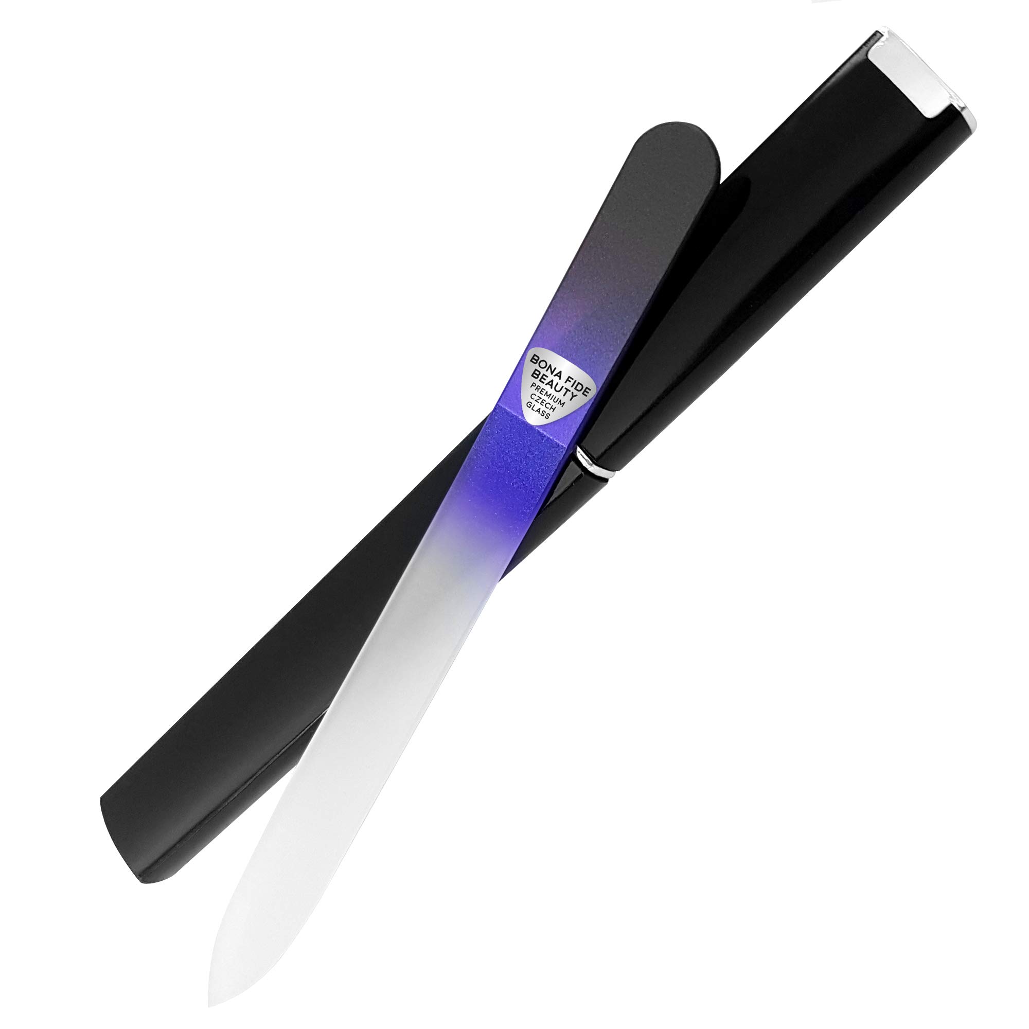 Bona Fide Beauty Czech Glass Nail File for Natural Nails, Single Crystal Nail File with Hardcase. Made in the EU. (Black Cobalt)