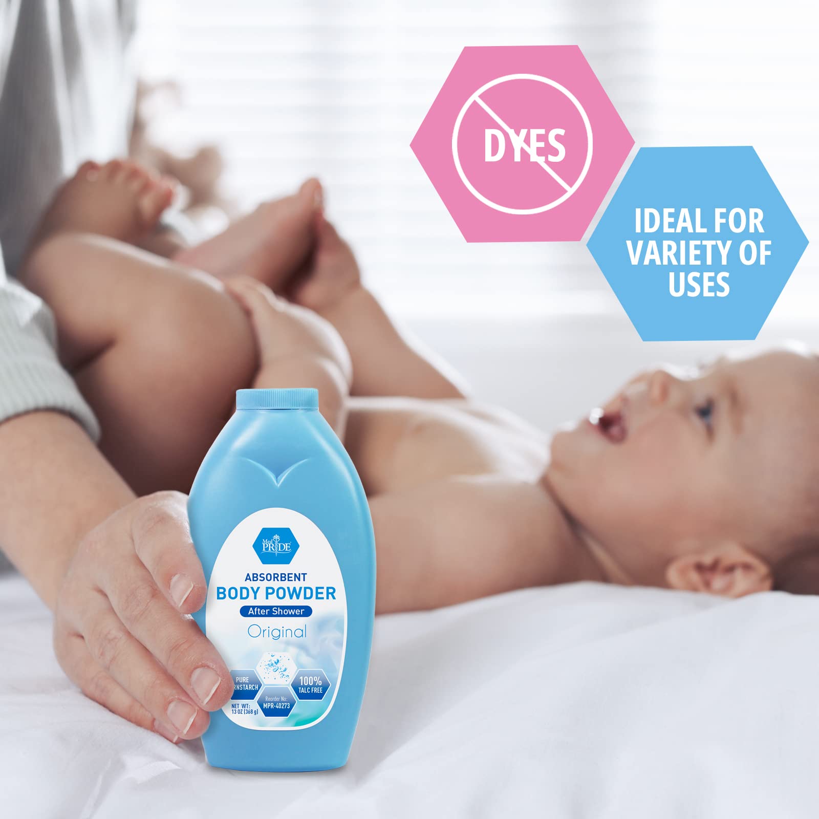 MED PRIDE Talc-Free Cornstarch Shower, Natural Sense Baby Powder Scented Dusting for Diaper Rash & Chafing, 13oz