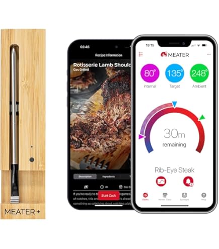 BBQOVN Thermomètre à viande sans fil WiFi Sub-1g portée illimitée, contrôle de la température n'importe où, 7 capteurs certifiés NIST avec base numérique intelligente de température ambiante, moniteur
