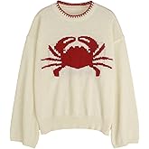 SHENHE Women's Oversized Sweater Y2K Graphic Crab Print Crew Neck Knit Sweater Pullover