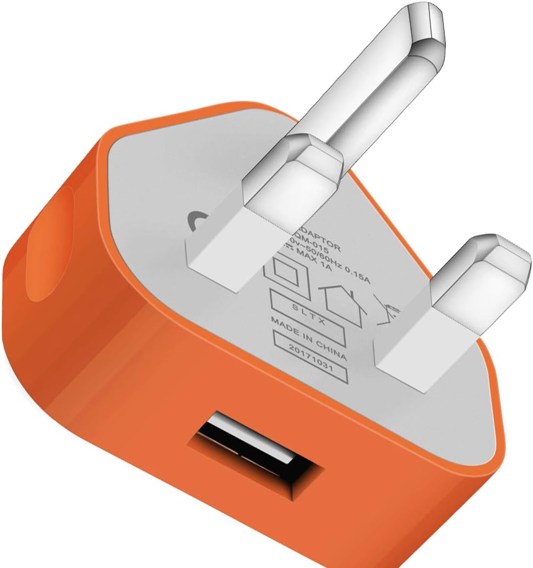 SLTX UK 3 Pin Plug USB Mains Charger Adapter, 1AMP 1000mAh Fast Speed Universal Travel USB Wall Charger USB Socket Devices (Orange)
