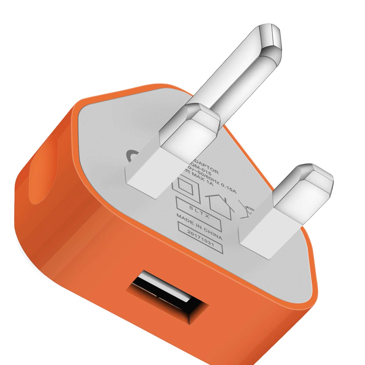 SLTX UK 3 Pin Plug USB Mains Charger Adapter, 1AMP 1000mAh Fast Speed Universal Travel USB Wall Charger USB Socket Devices (Orange)