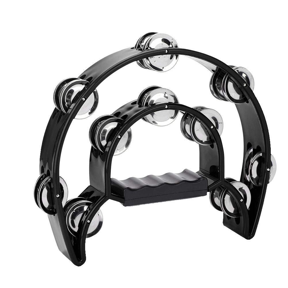 Half Moon Tambourine, Hand Tambourine Double Row Metal Jingles Hand Held Percussion Instrument for Gift KTV Party Kids Toy with Ergonomic Handle Grip(Black)
