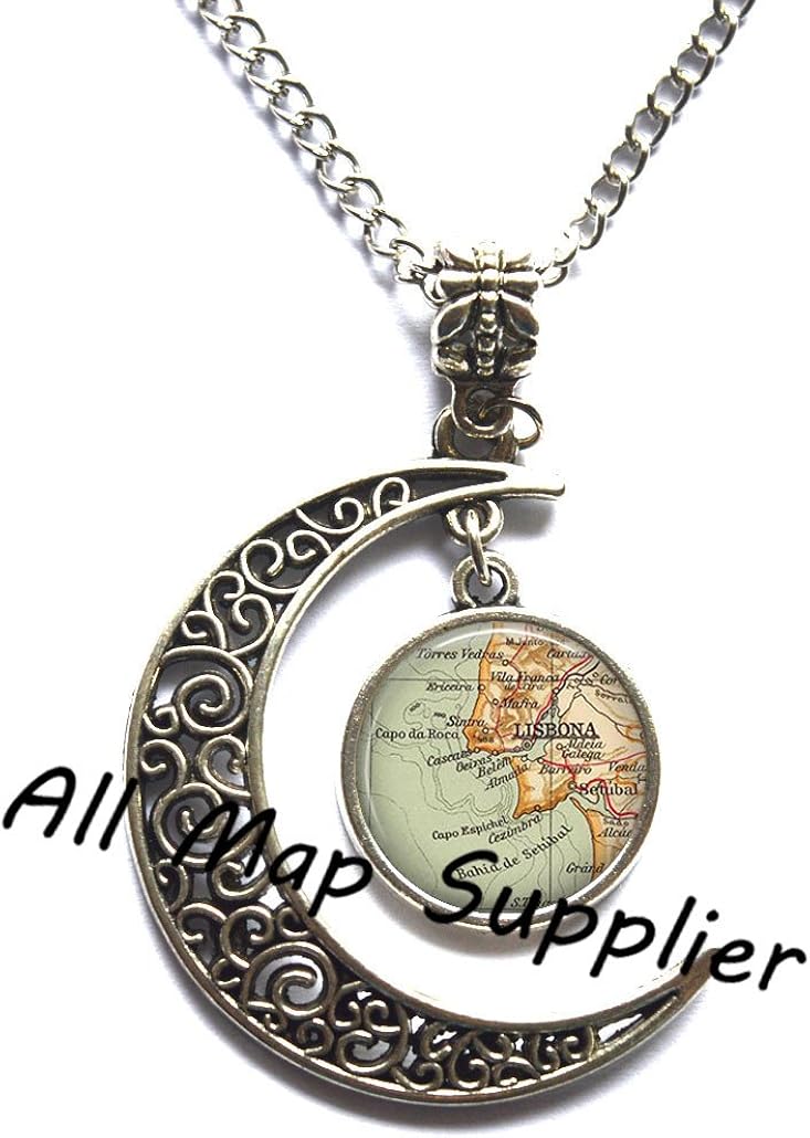 Charming Moon, Lisbon, Portugal map necklace, Lisbon map