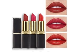 evpct 3Pcs Red Matte Lipstick Set for Older Women Long Lasting, Dark Light Bright Ruby Berry Red Matte Velvet Long Lasting Lipstick Waterproof Smudge Proof 24 Hours Original Lip Stick Stain Makeup Kit