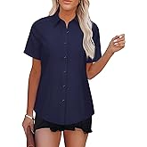 Womens Button Down Shirts Short Sleeve Fitted Button Up Dress Shirt Solid Collared Blouse Wrinkle Free Work Business Top - Navy Blue XL