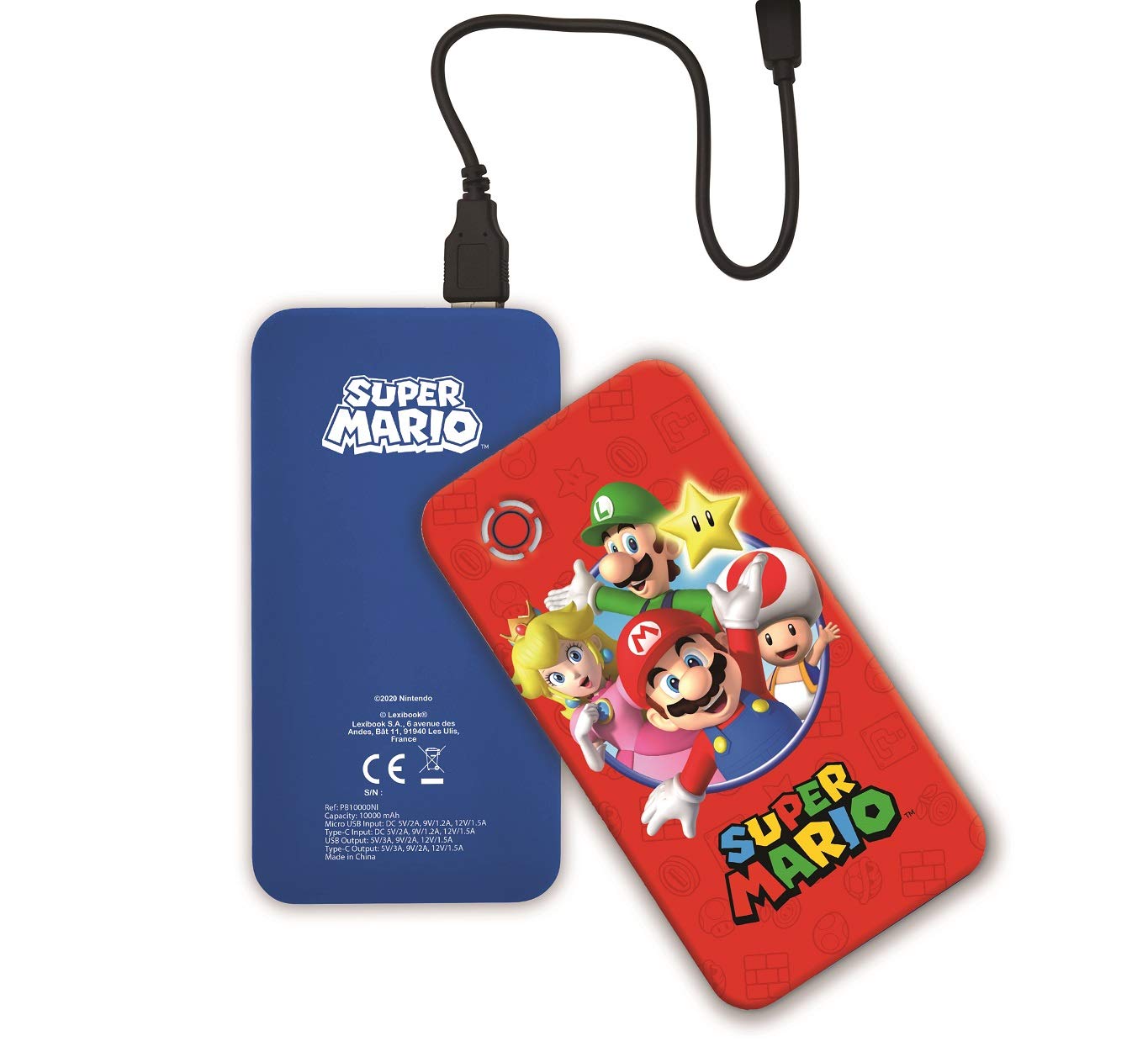 Lexibook, Super Mario Luigi, Fast Charging Power Bank Portable External Battery 10000 mAh, power delivery, USB C cable included, Red/Blue, PB10000