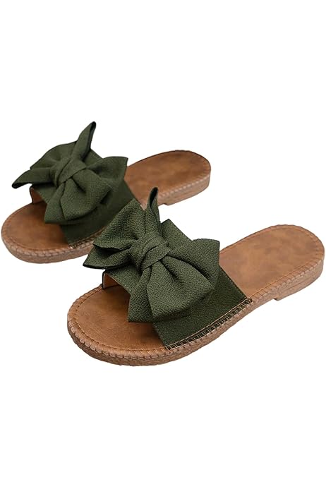 Women's Bow Flat Sandals - Square Toe Slip-On, Dressy Summer Sandals
