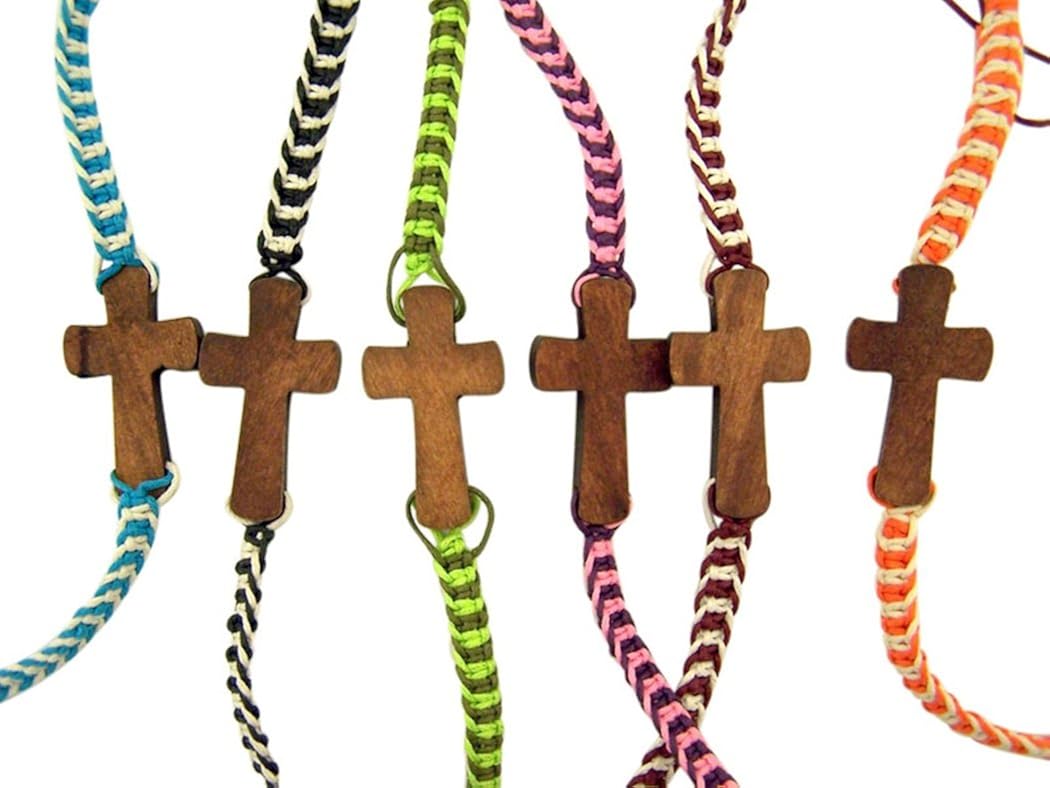 Religious Jewelry Wooden Sideways Cross on Colorful Braided