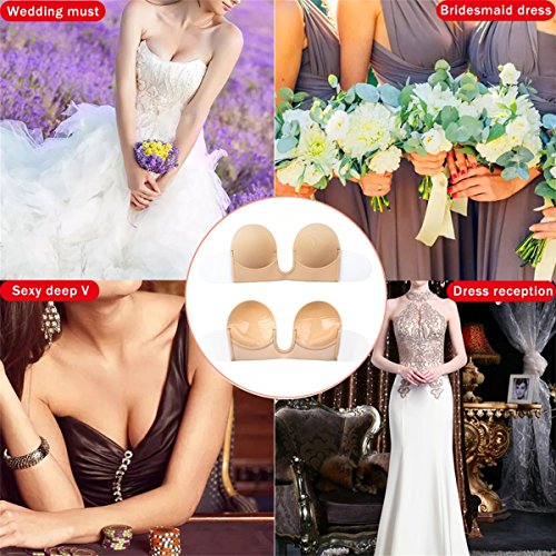 VeMee Strapless Bra U Plunge Push Up Self Adhesive Silicone Reusable Bra for Women
