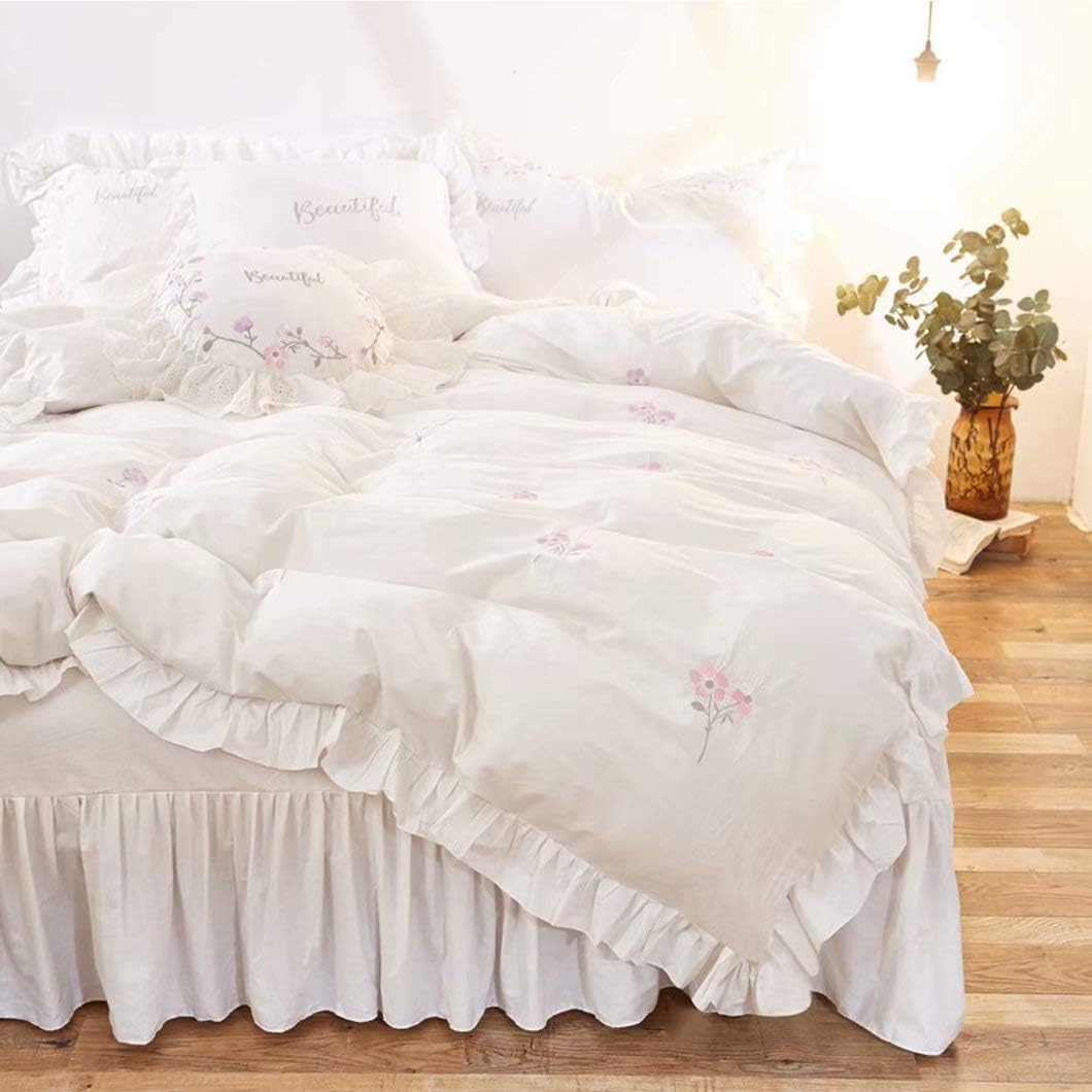 ポイント10倍 姫系 掛け布団カバー3点セット シングル 綿 コットン ホワイト 白 刺繍 花柄 おしゃれ かわいい 爽やか 3サイズ 布団カバー ベッドカバー ベッドシーツ 枕カバー カバーリング 掛け布団カバー ベット用セット 寝具 淑女風 フリル キュート プリンセス 固定