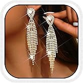 Unicra Long Tassel Rhinestone Earrings Silver Diamond Dangle Earrings Jewelry Sets Crystal Bridal Wedding Earrings Accessories for Women and Brides
