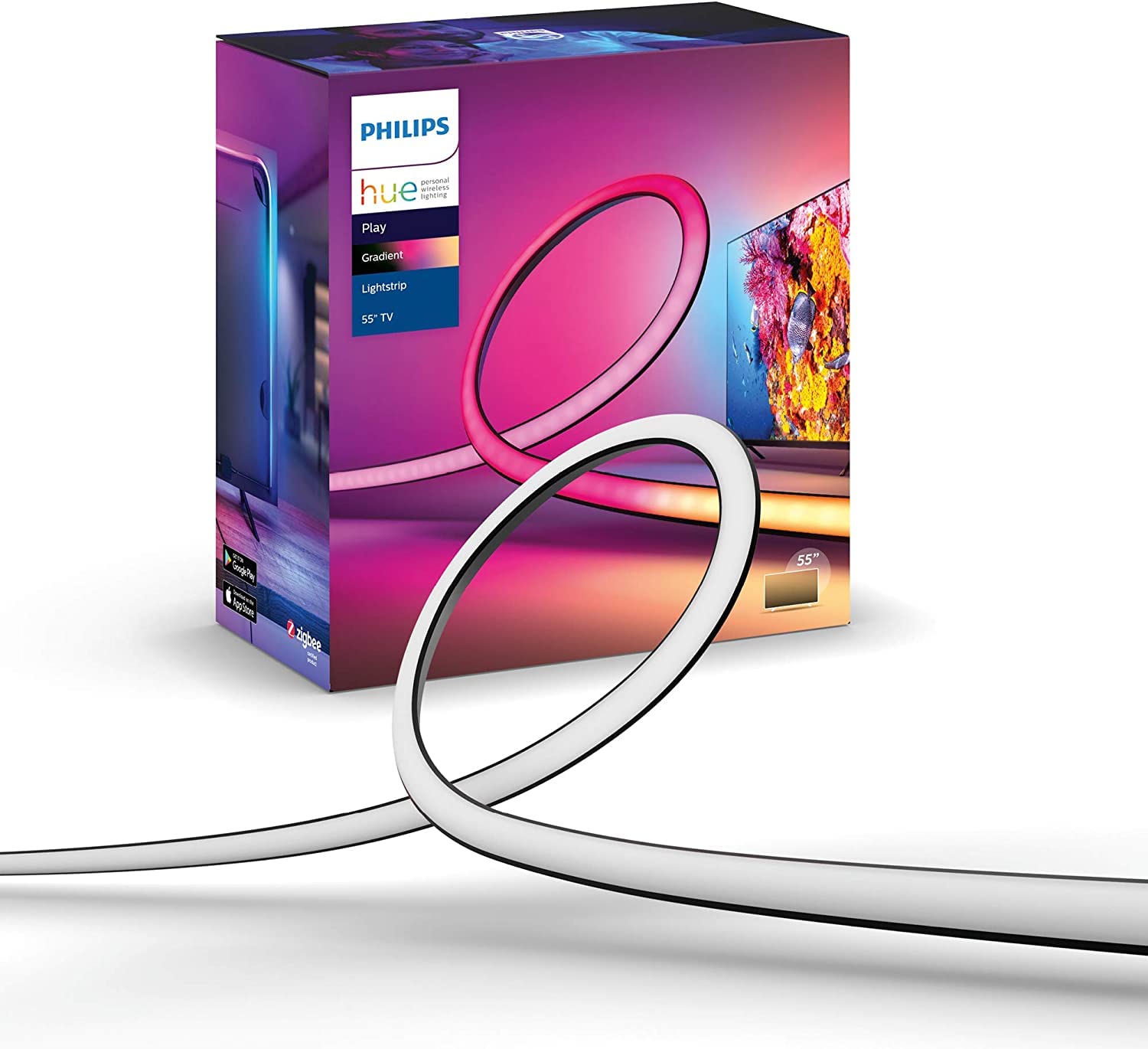 Philips Hue White & Color Ambiance Gradient Lightstrip (55 Zoll), dimmbarer LED Streifen für den Fernseher mit 16 Mio. Farben und Farbverläufen, smarte Heimkino TV Hintergrundbeleuchtung, schwarz