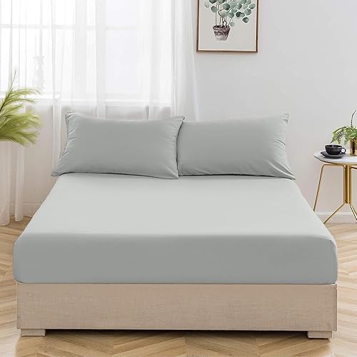 Oxford Homeware Silver King Size Fitted Sheets -100% Brushed Microfibre 1800 Easy Care 25 cm Deep King Size Bed Sheet Bedding - Shrinkage and Fade Resistance