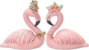 MissLytton Small Swan Figurine Wedding Cake Topper, Pair Pink Resin Swan Love Couple Statues Set with Gold Crown for Birthday Party Cake Decoration Home Decor Engagement Gift