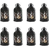 Reperla 8-Pack Mini Lanterns with Flickering LED Candles for Ramadan, Moroccan Decorative Hanging Lanterns for Halloween, Christmas, Wedding, Black Lantern for Table Centerpiece, Home &amp; Party Decor