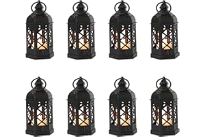 Reperla 8-Pack Mini Lanterns with Flickering LED Candles, Moroccan Style Decorative Hanging Lanterns for Halloween, Christmas, Wedding, Black Lantern for Table Centerpiece, Home & Party Decor