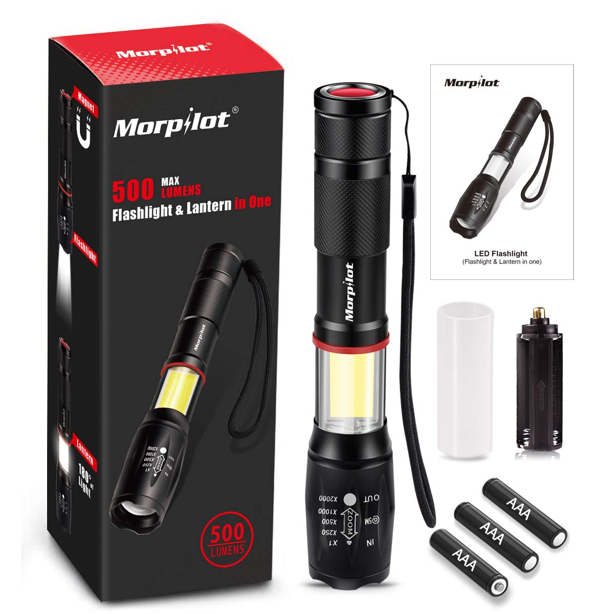 LED Tactical Flashlight, Built-in Light Zoom Telescoping LED COB Work Light with 4 Modes and Magnetic Base for Work Camping Hiking