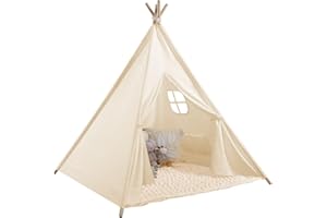 Monobeach Teepee Tent for Kids Foldable Children Play Tent for Girl and Boy with Carry Case 4 Poles White Canvas Playhouse To