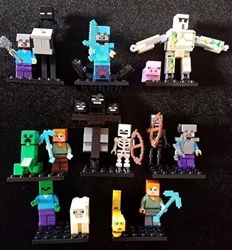 16 unassebled custom Lego-Compatible Steve Iron Golem Wither minifigure &amp; 12 accessories lot, no manuals and no boxes, plus 5 Lego Minecraft building blocks