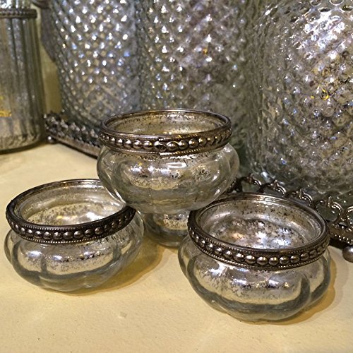 Homes on Trend Set of 4 Pumpkin Shaped Vintage Mercury Glass Effect Candle and Tea Light Holders for Wedding Decoration - Silver or Clear Glass Silver