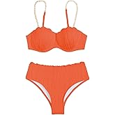 MakeMeChic Women's 2 Piece Bikini Set Textured Pearl Beaded Strap Scallop Trim High Waist Swimsuit