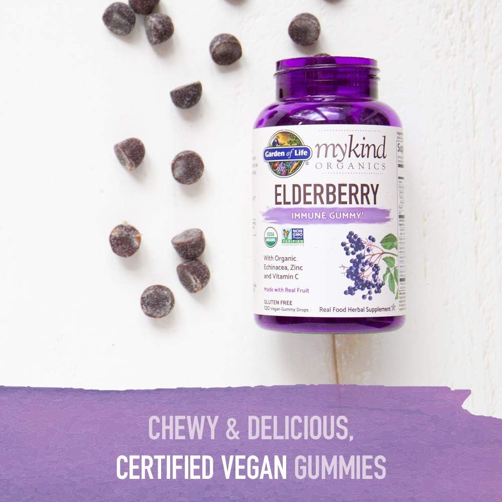 Garden of Life mykind Organics Elderberry Plant Based Immune Gummy - 120 Real Fruit Gummies for Kids & Adults - Echinacea, Zinc & Vitamin C, No Added Sugar Herbal Supplements: Health & Personal Care