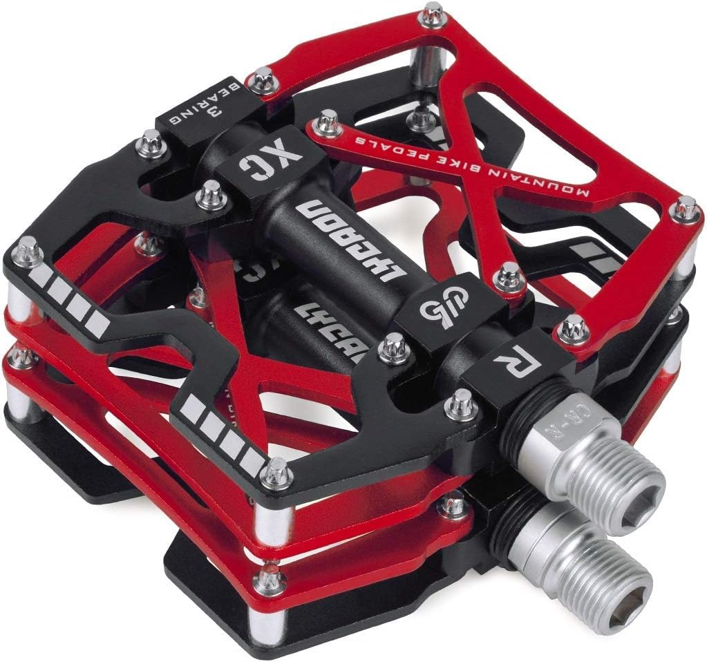LYCAON Bicycle Pedals, CNC Aluminum Alloy Non-Slip Bicycle Pedals, 3 Bearing Pedals for BMX MTB 9/16 Inch (Red)