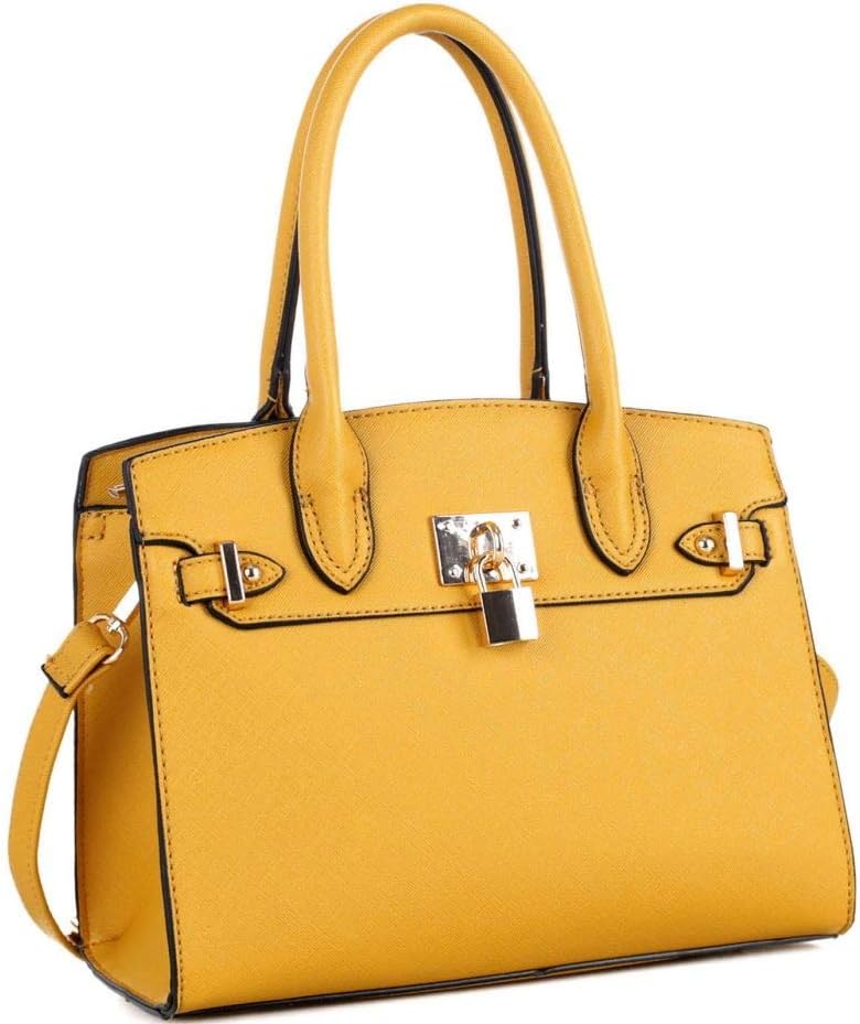 Padlock 2-Way Small Structured Saffiano Vegan Leather Lightweight Satchel Bag with Shoulder Strap
