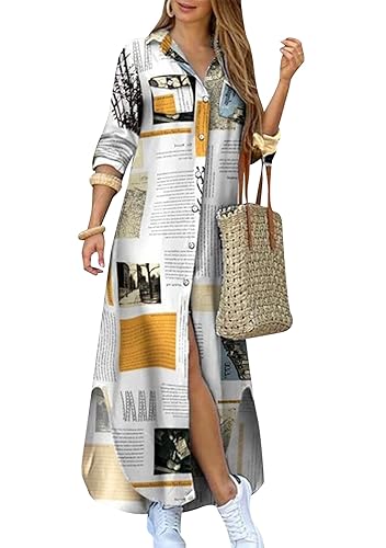 DIACACY Women's Lapel Collar Print Side Slit Blouse Dresses Rolled Up  Sleeve Outdoor Dress with Pocket Newspaper L in Saudi Arabia | Whizz Casual