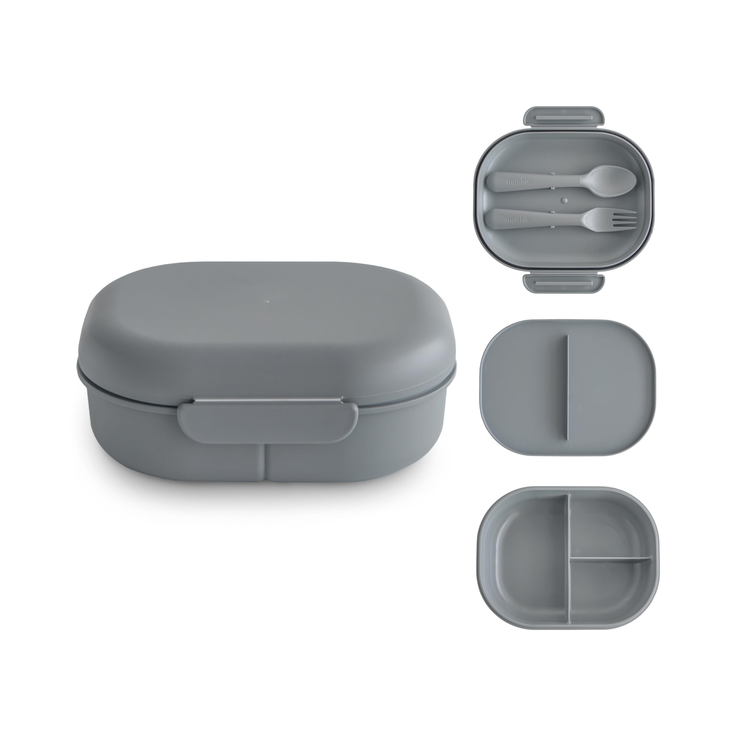 Mushie Lunchbox | Children's Lunch Box Snack Box For Kindergarten and School | Divider & Compartments with Lockable Lids | Includes 1x set of Cutlery Fork and Spoon | (Smoke)