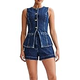 Womens Denim 2 Piece Set Sleeveless Button Down Vest Tops Short Pants Suit Sets