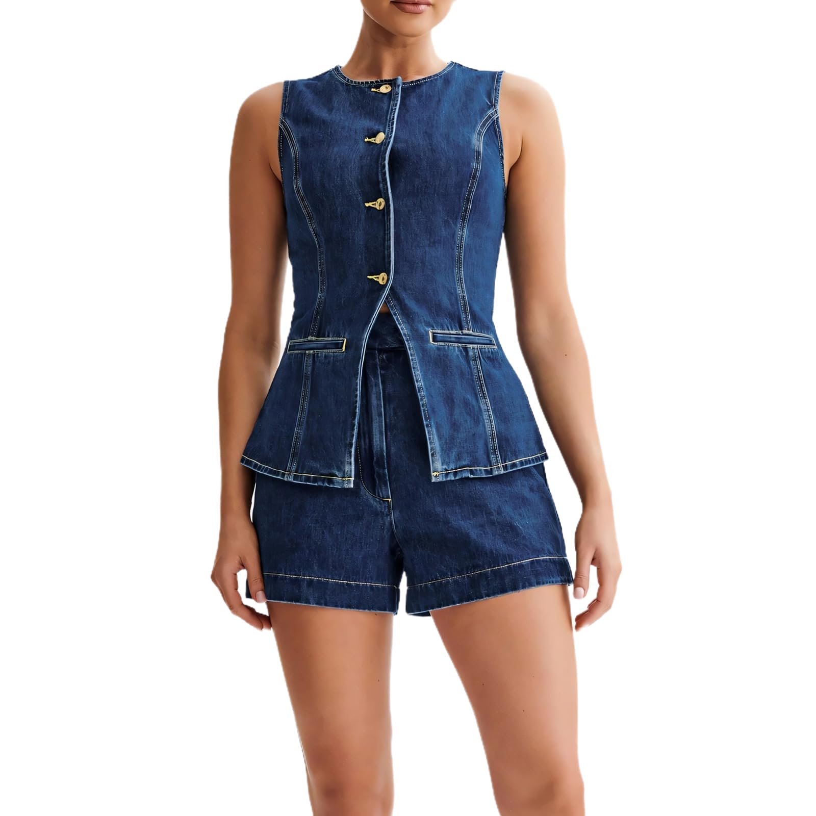 Photo 1 of Womens Denim 2 Piece Set Sleeveless Button Down Vest Tops Short Pants Suit Sets