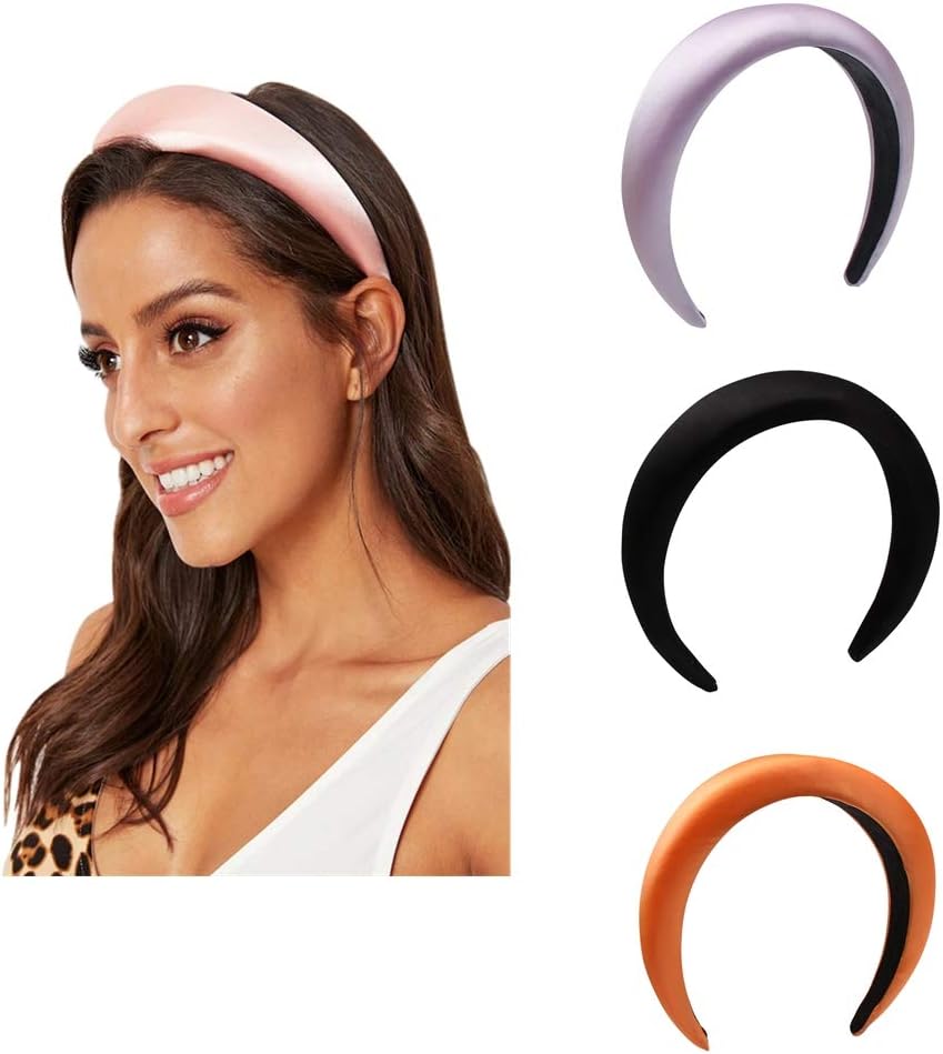 Padded Headband Satin Silk Thick Womens Fashion 3PCS Vintage Alice Band Wide Black Hairbands for Girls