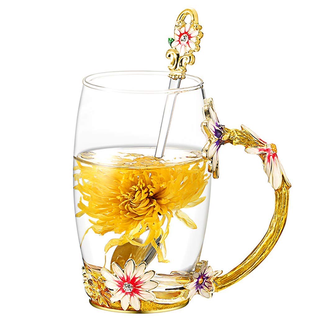 YBK Tech Creative Flower Glass Mug Crystal Glass Tea Cup for Hot Beverage, Iced Tea, for Sister, Mom, Grandma, Teachers- Chrysanthemum, without Gift Box (Big (350ml))