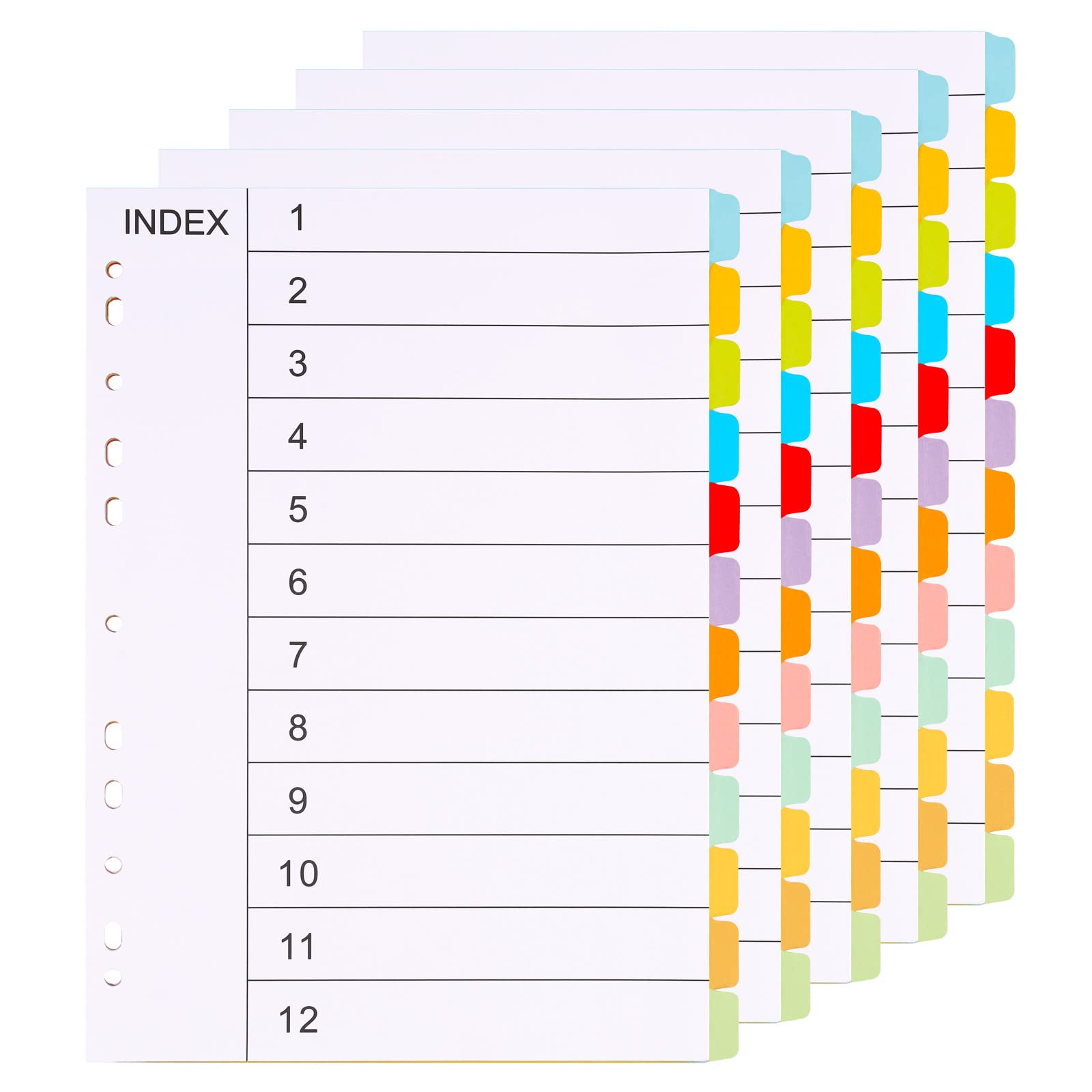 （5 Pack） A4 Folder Dividers 12 Part-12 Colours File Dividers A4 Writable Cardstock Folder Dividers 11 Holes Punched with Digital Covers Index Dividers Fit All A4 Portrait File Dividers