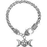 Triple Moon Goddess Amulet Wicca Pentagram Wheat Chain Bracelet for Women Men Pagan Jewelry