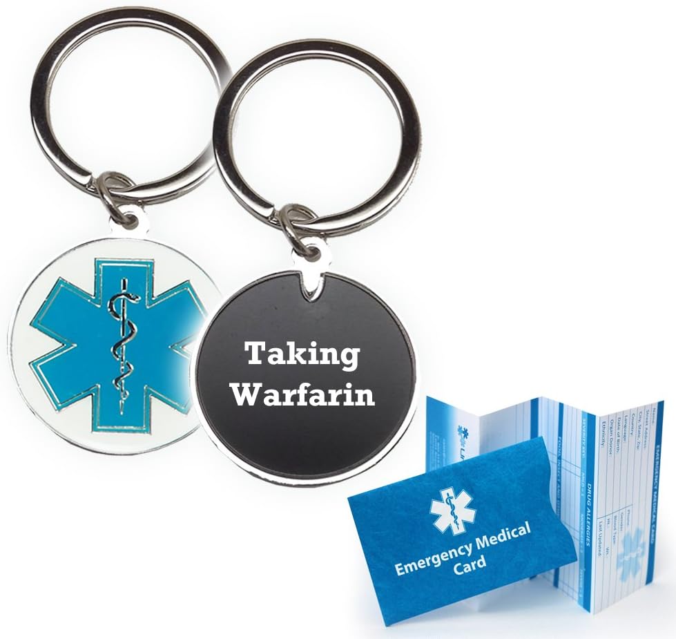Pre-Engraved"Taking Warfarin" Medical Alert Identification Star of Life Cloisonné' Keychain