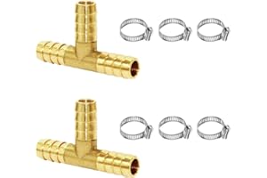 Joywayus 1/4" Brass Barb Tee Fittings T-Shaped 3 Ways Union 1/4" Hose Barb Pipe Fitting with 6pcs Stainless Steel Pipe Clamp for Water/Fuel/Air (Pack of 2)