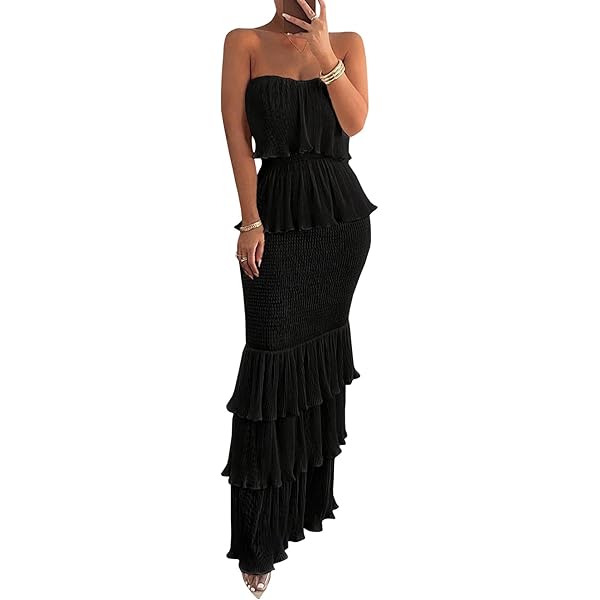 chinese dress ladies Amazon.com: chouyatou Women's Sweet Ruffle Smocked Bodycon Maxi Dress  Shirred Package Hip Mermaid Bandeau Dress (Small, Black) : Clothing, Shoes  & Jewelry
