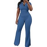 HBQ Womens 2 Piece Outfit Ribbed Short Sleeve V Neck Polo Top Flare Pants Casual Lounge Sets Tracksuit-Blue-M