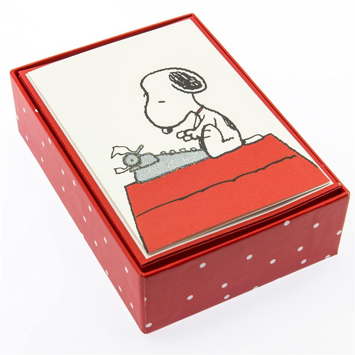 Graphique Peanuts Typewriter Boxed Notecards, 16 Snoopy at Typewriter Cards Embellished with Glitter, with Matching Envelopes and Storage Box, 3.25