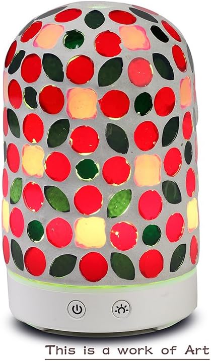 AA Red/Green Leaf pattern Aroma Essential Oil Diffuser Aromatherapy Humidifier 120ml mosaic glass Housing 14-Color LED Light Mute Automatic Light changing Aromatherapy machine humidifier