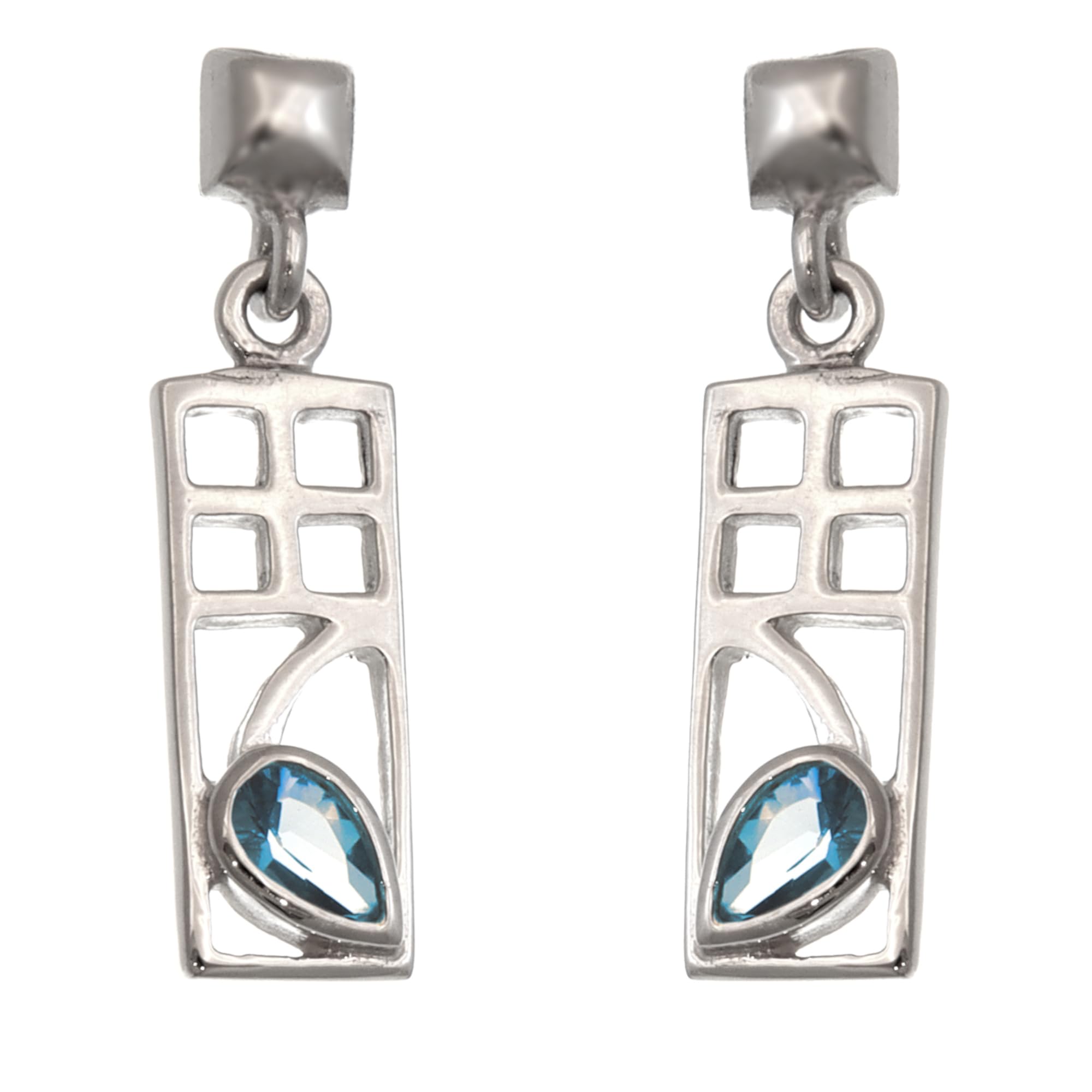 Alexander Castle Charles Rennie Mackintosh Blue Topaz 925 Sterling Silver Earrings for Women - Drop Earrings with Jewellery Gift Box - 18mm x 7mm