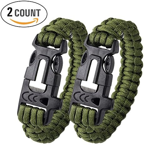 Candy Grils 2PCS Pack Multifunctional Paracord Bracelet, Outdoor Survival Kit Flint Fire Starter Scraper Whistle for Hiking Camping Emergency, Army green