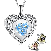 Cujiesp Heart Locket Necklace 925 Sterling Silver Locket Necklaces for Women Picture Locket Gift of Blue Flower